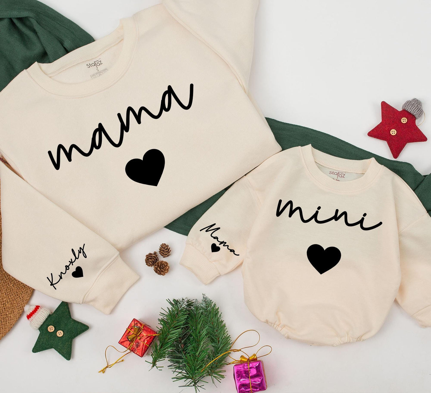Personalized Mama and Mini Matching Sweatshirts for Mom and Baby Girl with Sleeve Name Detail Minimalist Modern Family Christmas Gift