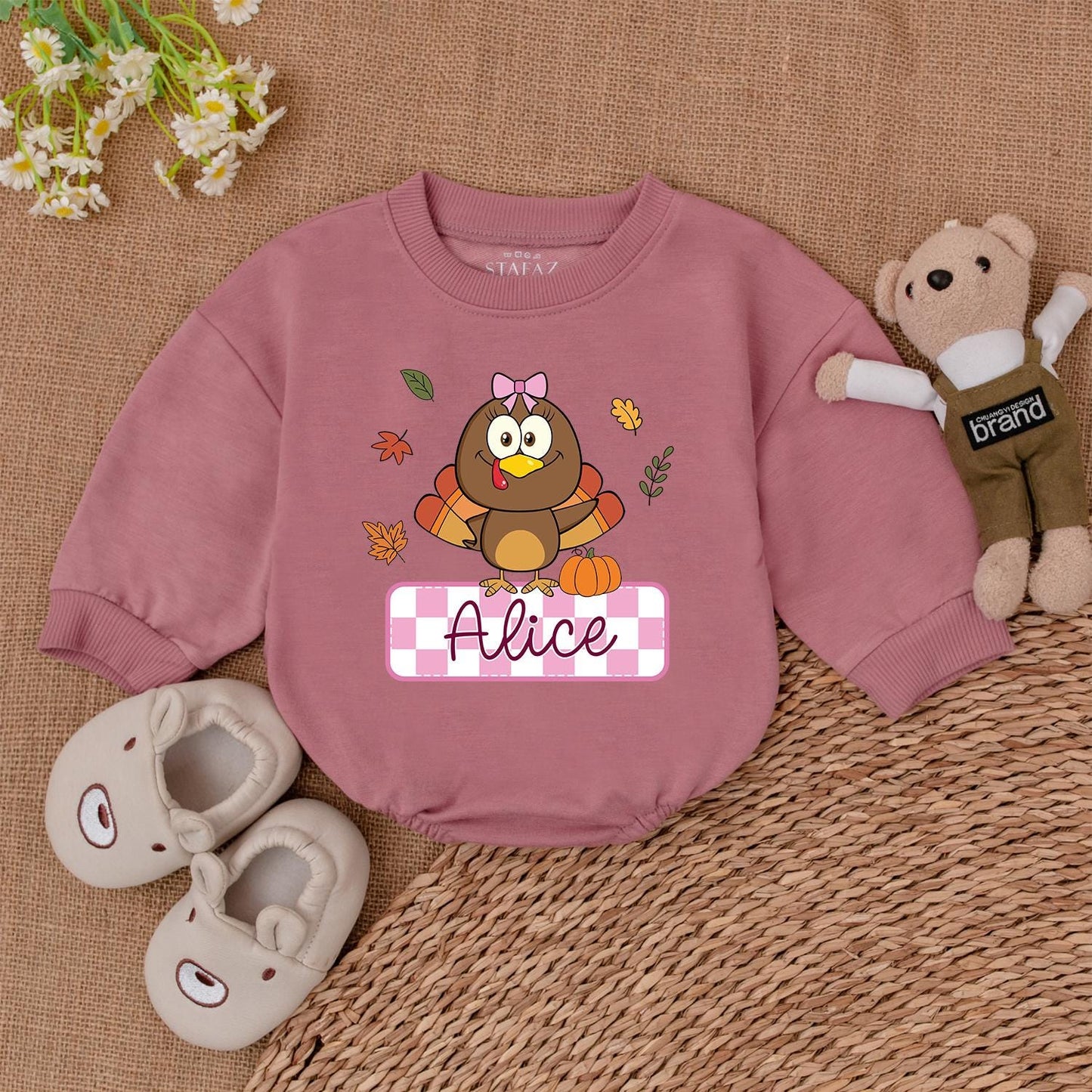 Personalized Thanksgiving Romper: Cute Turkey & Pumpkin Outfit, Custom Name Baby Bodysuit, Fall Leaves, Gingham Banner - Perfect Newborn Thanksgiving Gift