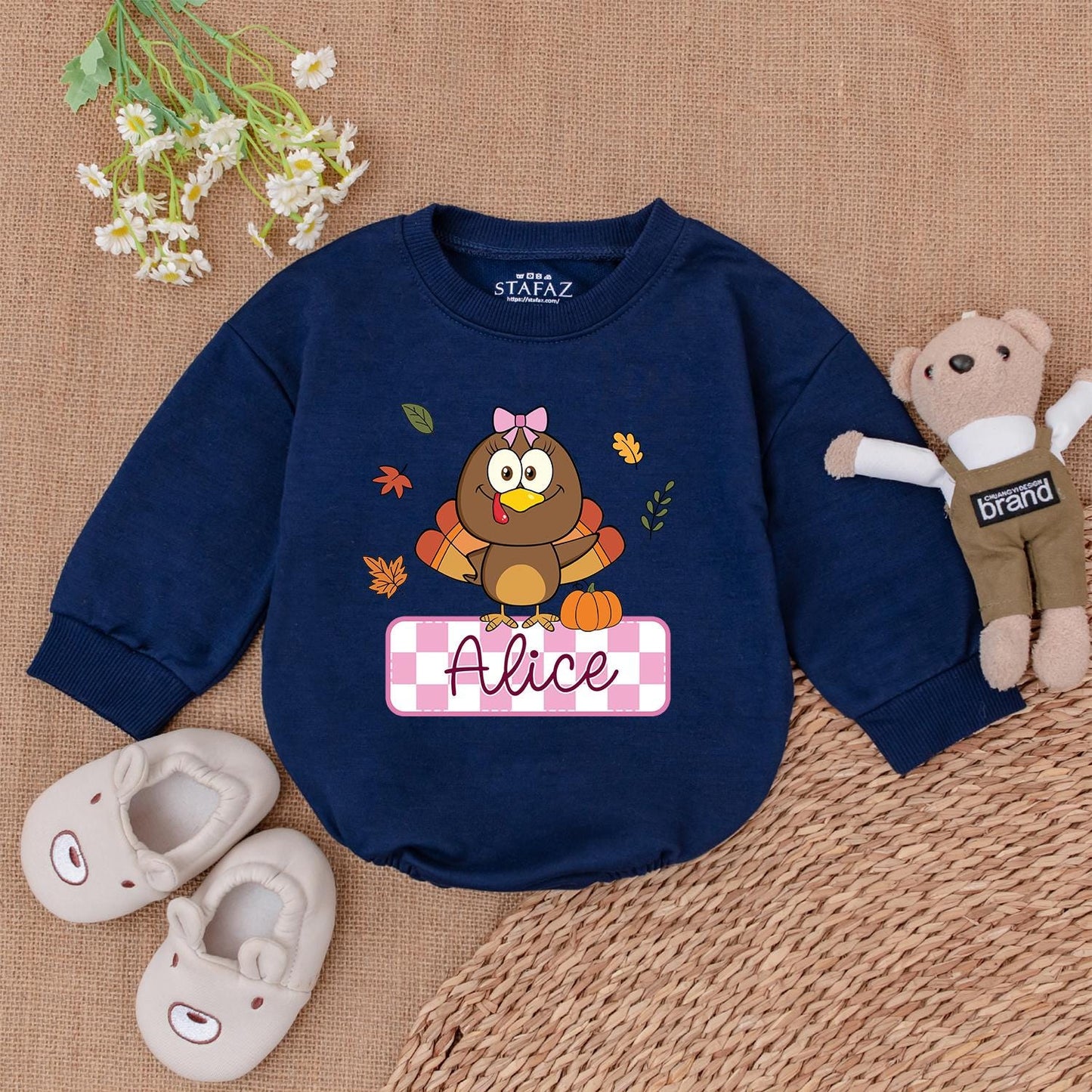 Personalized Thanksgiving Romper: Cute Turkey & Pumpkin Outfit, Custom Name Baby Bodysuit, Fall Leaves, Gingham Banner - Perfect Newborn Thanksgiving Gift