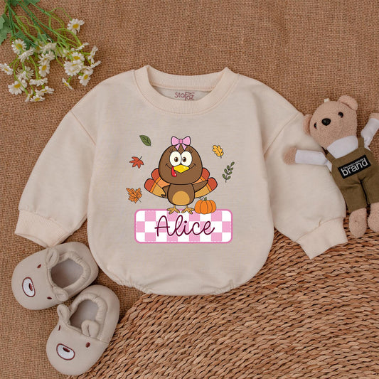 Personalized Thanksgiving Romper: Cute Turkey & Pumpkin Outfit, Custom Name Baby Bodysuit, Fall Leaves, Gingham Banner - Perfect Newborn Thanksgiving Gift