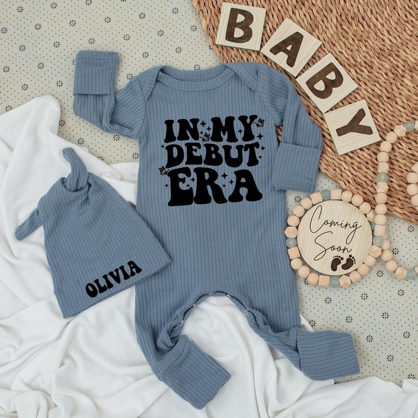 In My Debut Era Bodysuit & Hat Set - Baby Girl Going Home Outfit, Cute Newborn Gift, Black Star Butterfly Design, Modern Baby Clothes (138 chars)