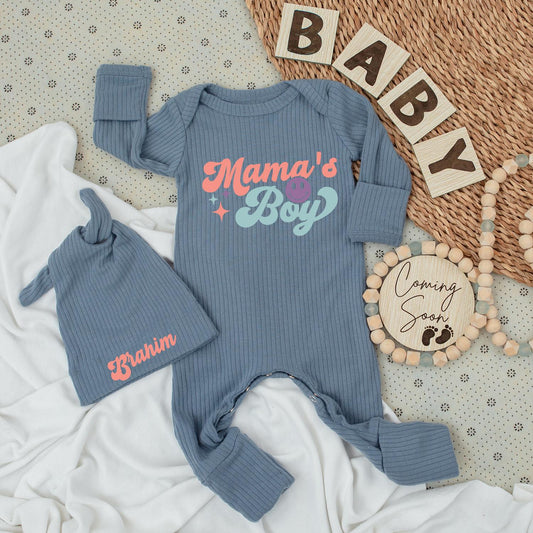 Retro Mama's Boy Bodysuit & Hat Set - Brahim's Newborn Outfit, Cute Baby Clothes, Vintage Inspired, Going Home Gift, Pink & Blue Stars (137 chars)