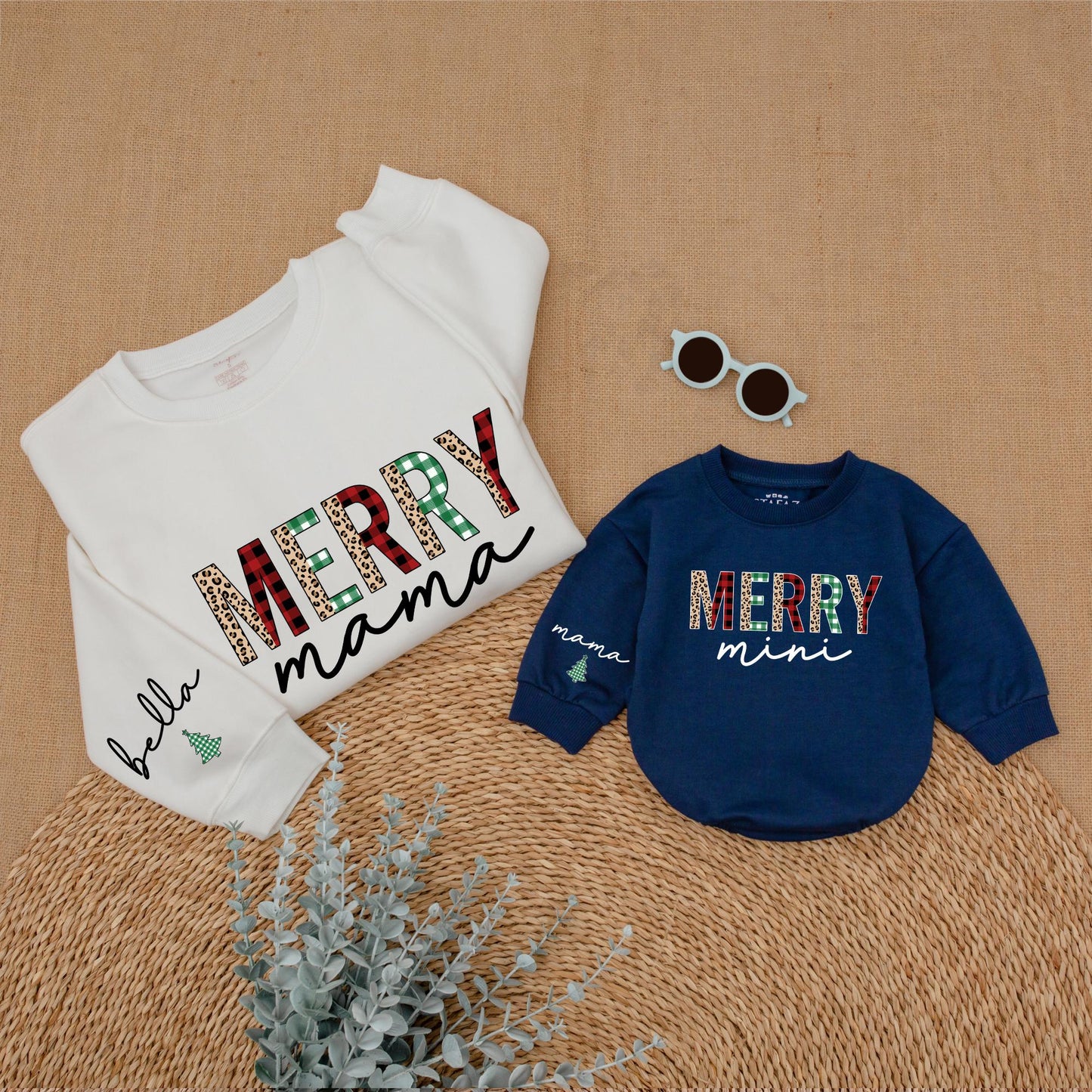 Merry Mama & Mini Christmas Sweatshirt Set Plaid Leopard Festive Matching Outfit Bella Romper Holiday Mommy and Me Family Outfit,Christmas Gift 138