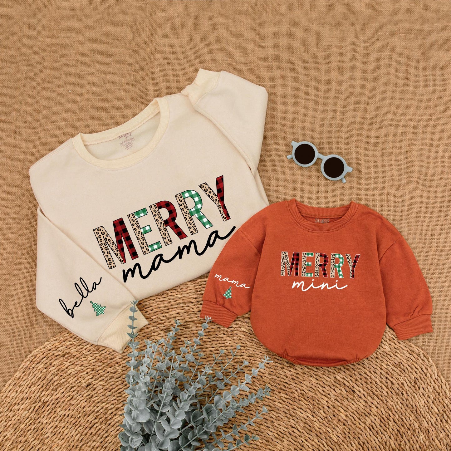 Merry Mama & Mini Christmas Sweatshirt Set Plaid Leopard Festive Matching Outfit Bella Romper Holiday Mommy and Me Family Outfit,Christmas Gift 138
