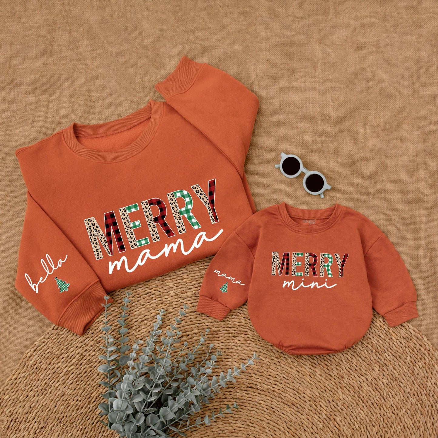 Merry Mama & Mini Christmas Sweatshirt Set Plaid Leopard Festive Matching Outfit Bella Romper Holiday Mommy and Me Family Outfit,Christmas Gift 138