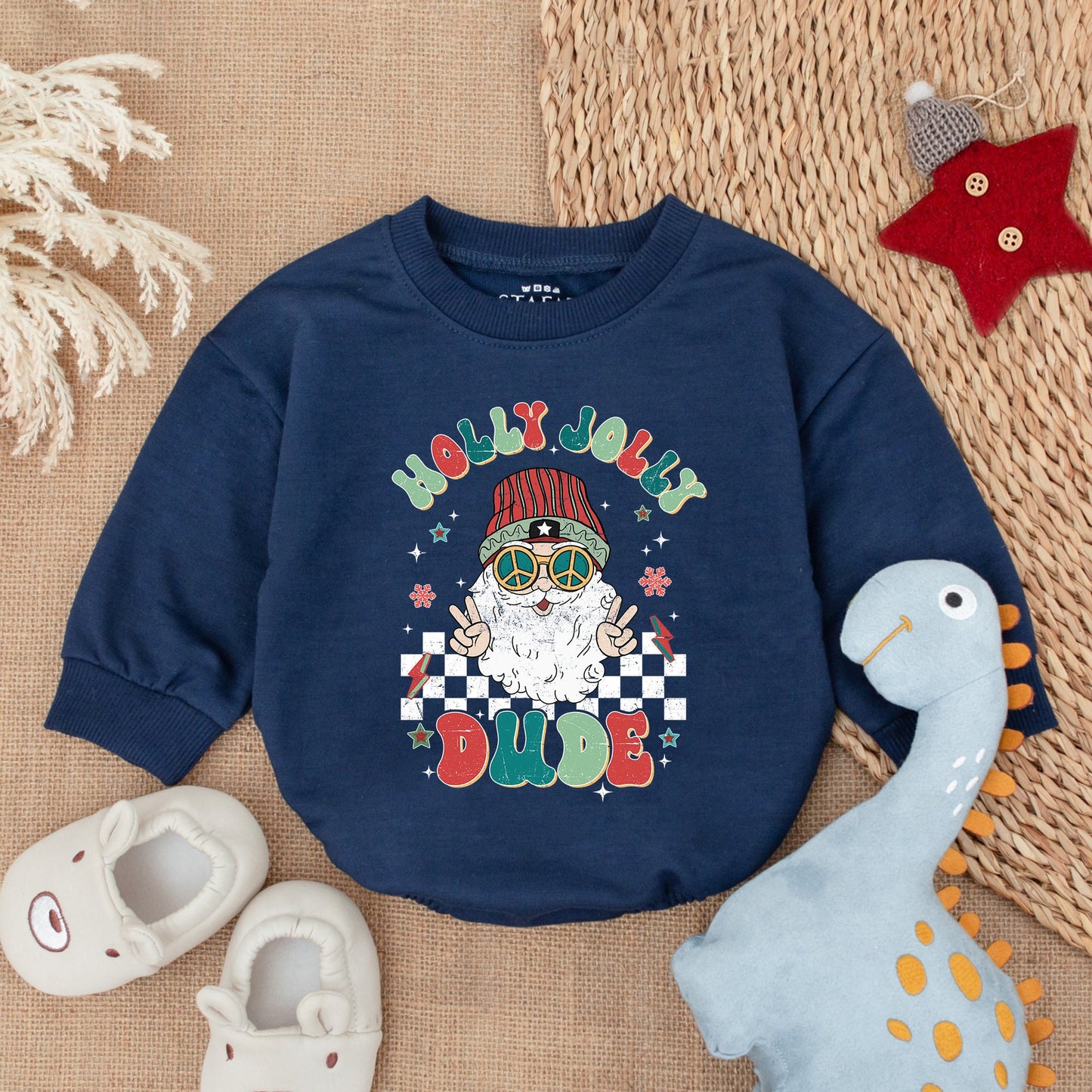Holly Jolly Dude Baby Boy Christmas Romper Retro Santa Peace Sign Vintage Snowflakes Stars Baby Outfit