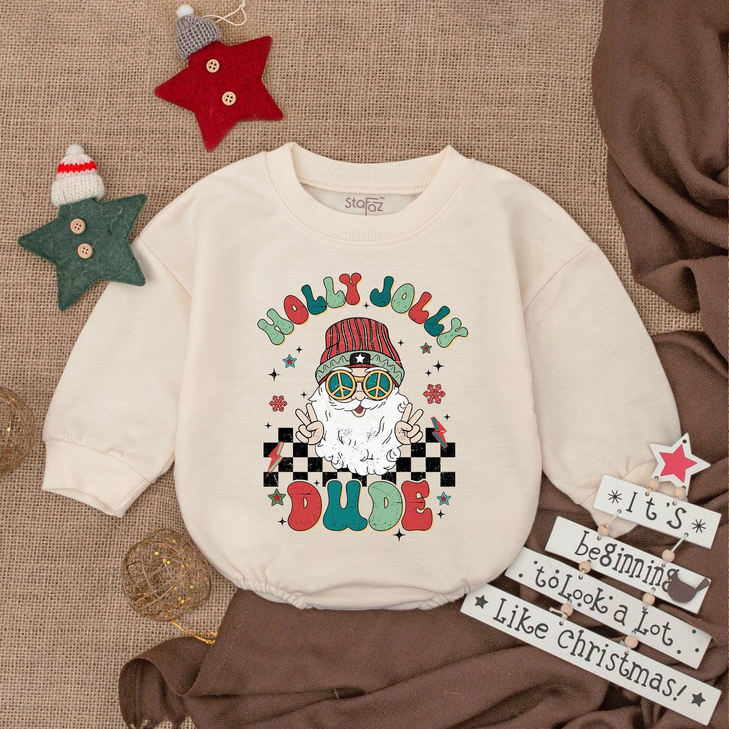 Holly Jolly Dude Baby Boy Christmas Romper Retro Santa Peace Sign Vintage Snowflakes Stars Baby Outfit