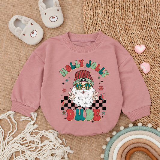 Holly Jolly Dude Baby Boy Christmas Romper Retro Santa Peace Sign Vintage Snowflakes Stars Baby Outfit