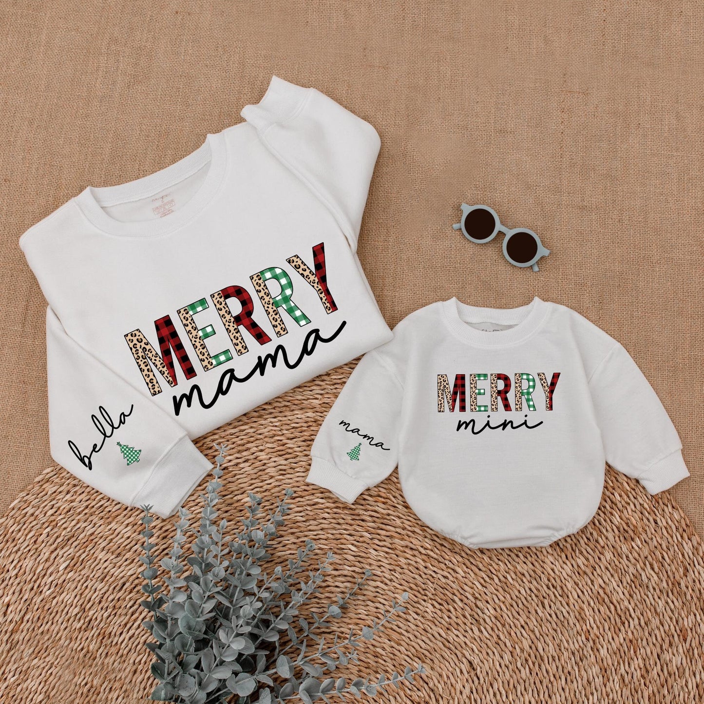 Merry Mama & Mini Christmas Sweatshirt Set Plaid Leopard Festive Matching Outfit Bella Romper Holiday Mommy and Me Family Outfit,Christmas Gift 138