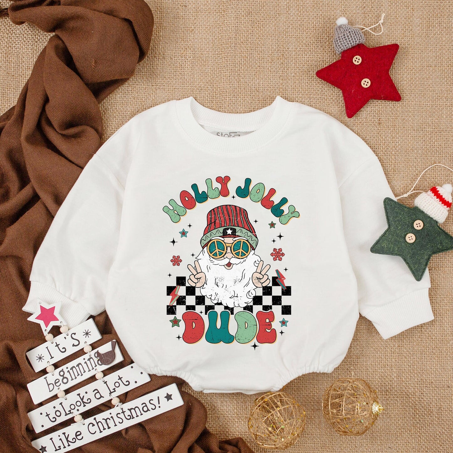 Holly Jolly Dude Baby Romper with Retro Santa Peace Sign Sunglasses, Baby Announcement Outfit, Funny Baby Gift, New Baby Girl Clothes