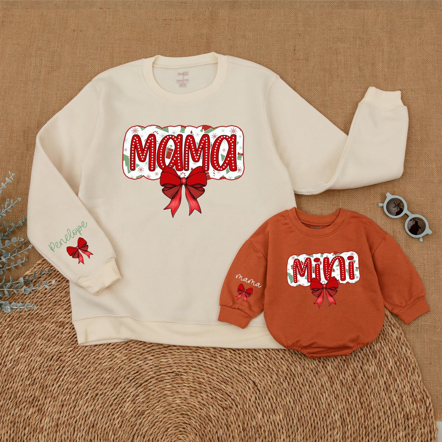 Matching Mama & Mini Christmas Sweatshirt Outfit, Red Bow Design, Baby Girl Romper Set, Holiday Family Pajamas, Festive Fun!