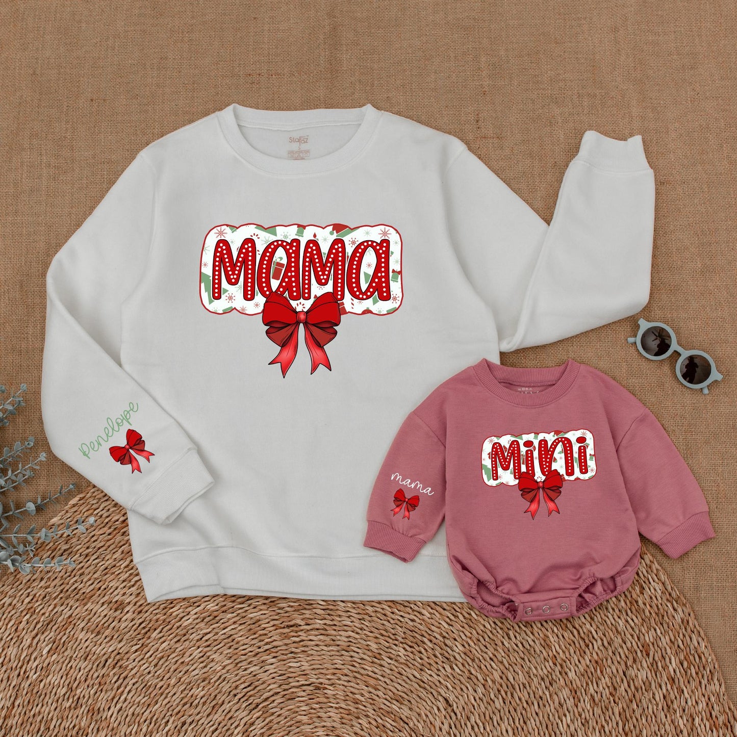 Matching Mama & Mini Christmas Sweatshirt Outfit, Red Bow Design, Baby Girl Romper Set, Holiday Family Pajamas, Festive Fun!
