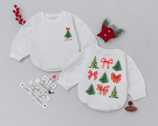 Sweet Custom Name Baby Romper First Christmas Outfit with Girly Bow Newborn Bodysuit Vintage Christmas Baby Shower Gift Infant Clothes Bubble