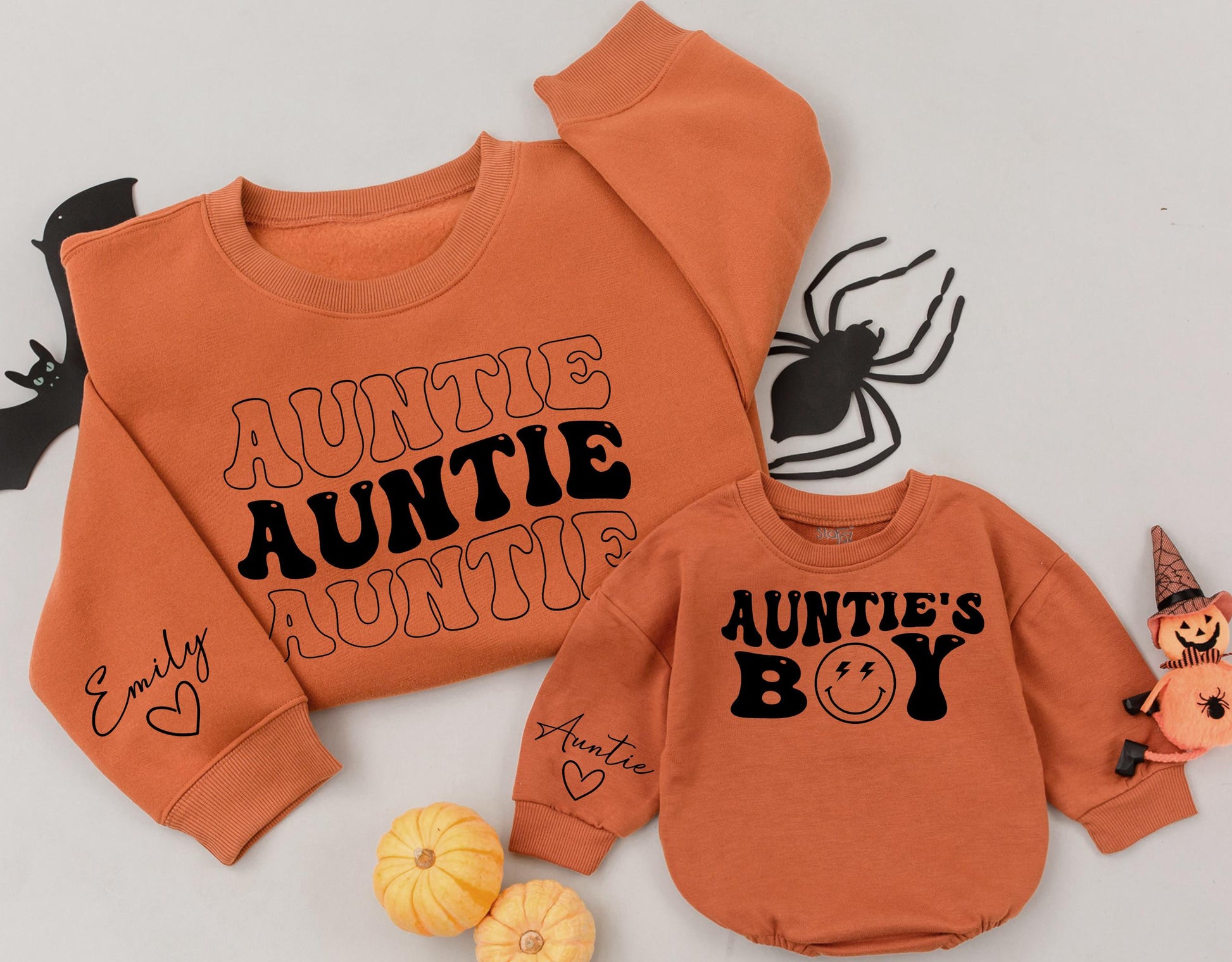 Matching Auntie & Auntie's Boy Sweatshirts, Custom Emily Heart Sleeve Xmas Gift, Black Retro Font, Cute Niece Nephew Holiday Outfit