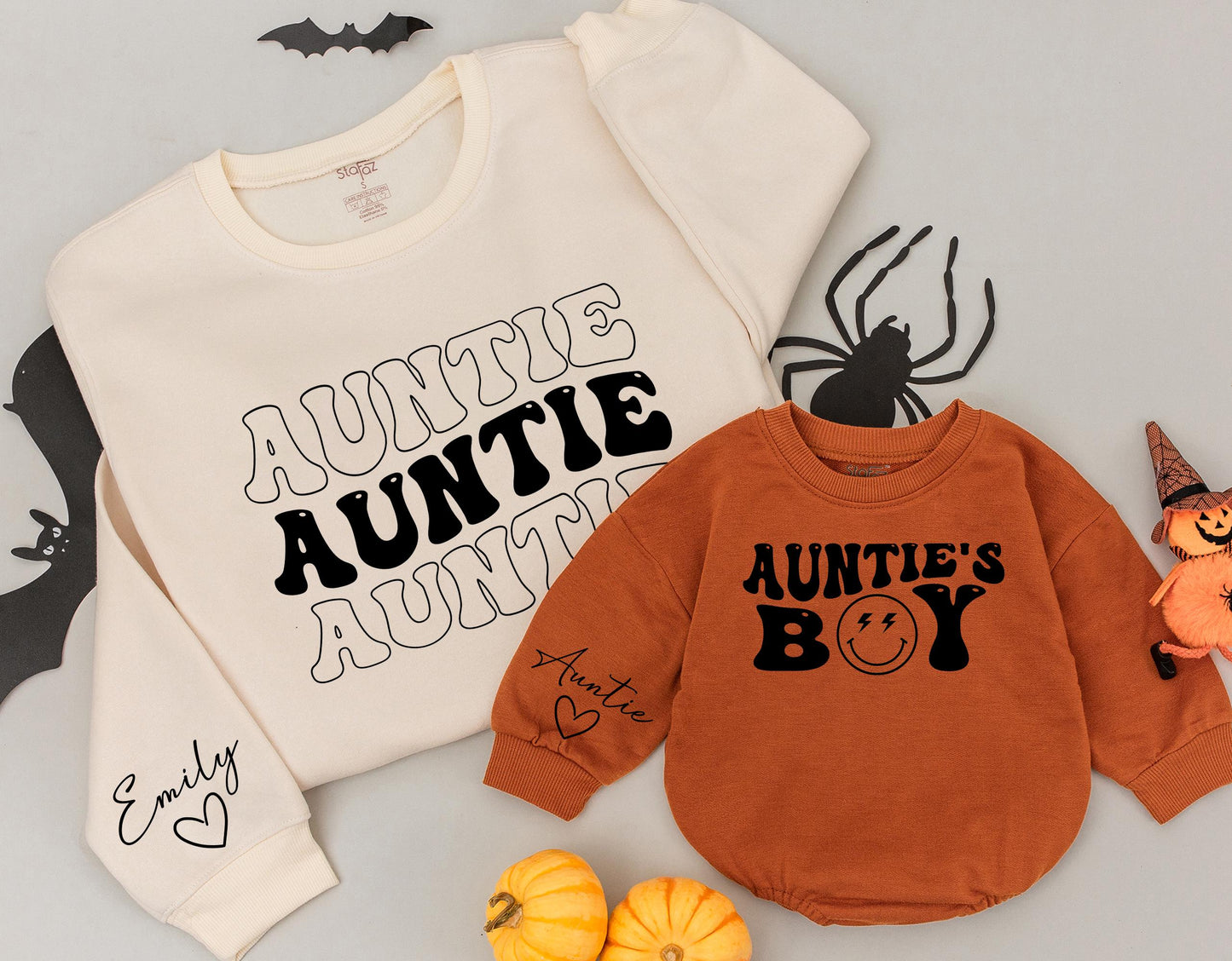 Matching Auntie & Auntie's Boy Sweatshirts, Custom Emily Heart Sleeve Xmas Gift, Black Retro Font, Cute Niece Nephew Holiday Outfit