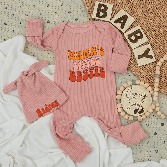 Mama's Little Bestie Retro Baby Bodysuit & Hat Set Orange Pink Red Vintage Vibes Newborn Outfit Baby Shower Gift