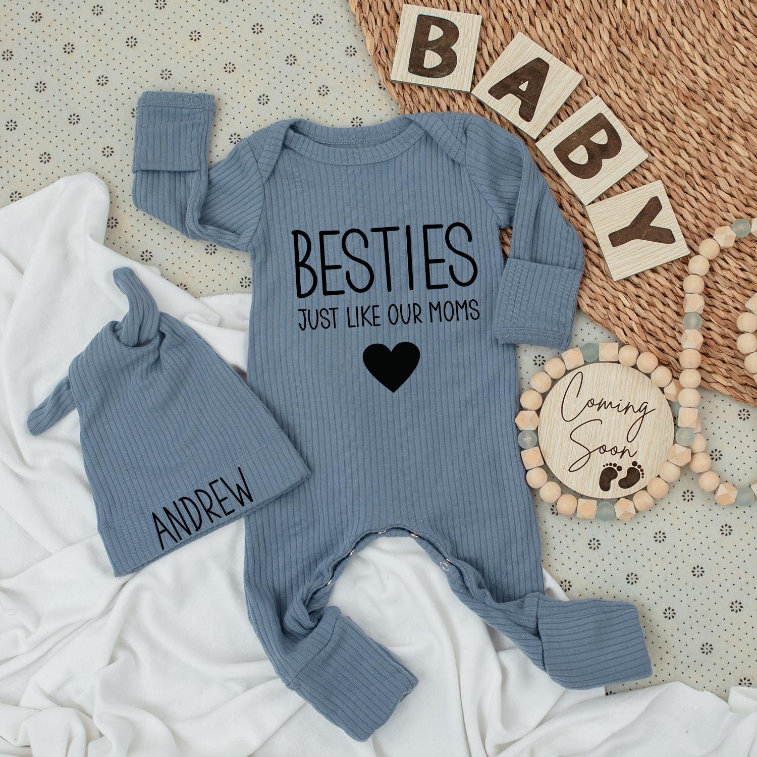 Personalized Besties Just Like Our Moms Baby Bodysuit Andrew Hat Set Cute Infant Going Home Outfit Soft Cotton Newborn Shower Gift Modern Black Heart