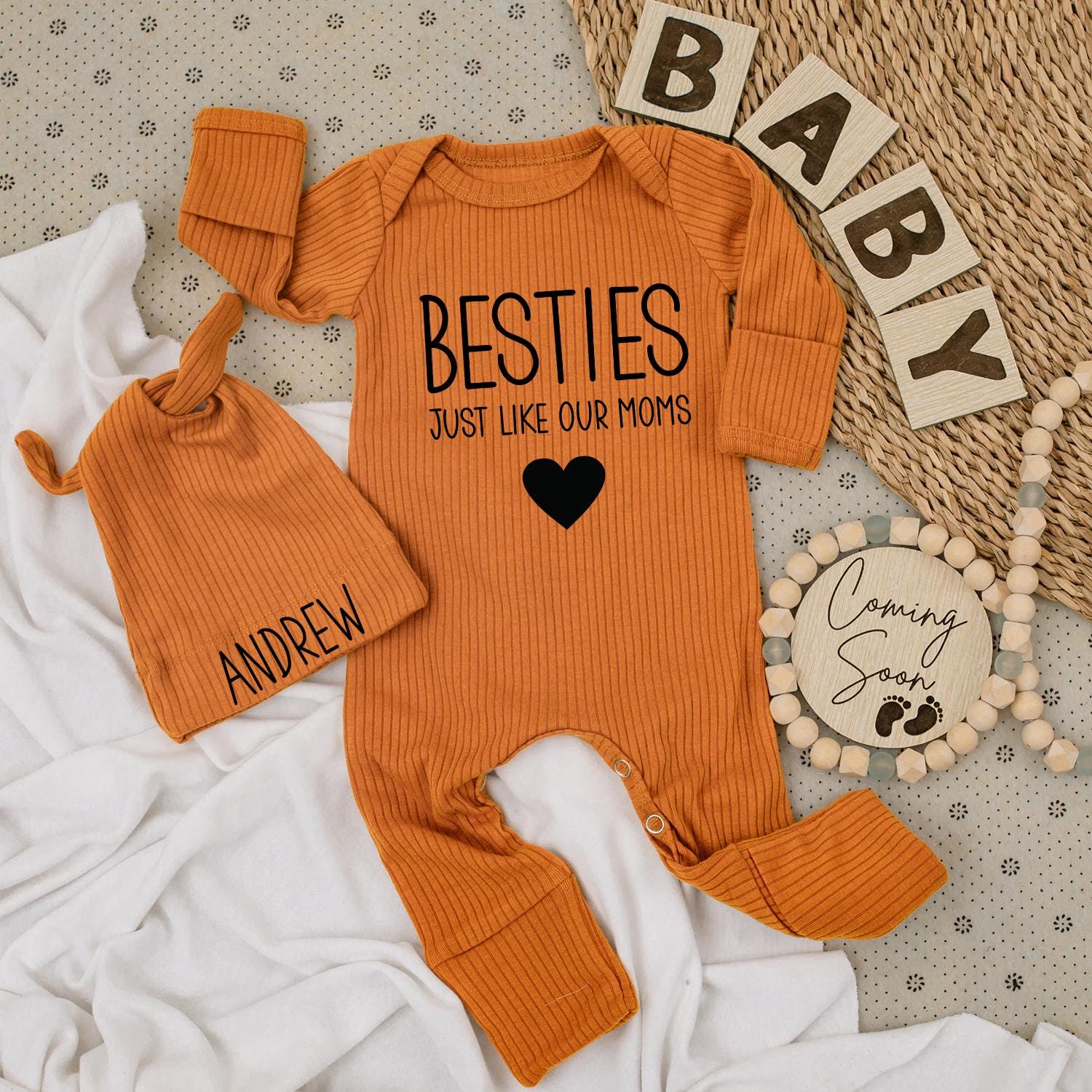 Personalized Besties Just Like Our Moms Baby Bodysuit Andrew Hat Set Cute Infant Going Home Outfit Soft Cotton Newborn Shower Gift Modern Black Heart