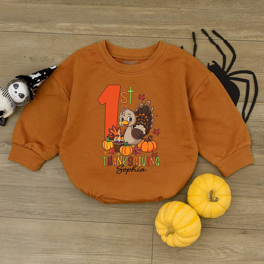 Baby's 1st Thanksgiving Romper, Cute Turkey Day Outfit, Little Pumpkin Bodysuit, Personalized Sophia Thanksgiving Outfit, Autumn Gift Idea Kid Sweatshirt 1st