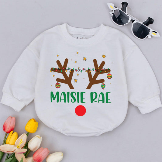 Holiday Reindeer Bubble Romper - 1st Xmas Personalized Baby Outfit