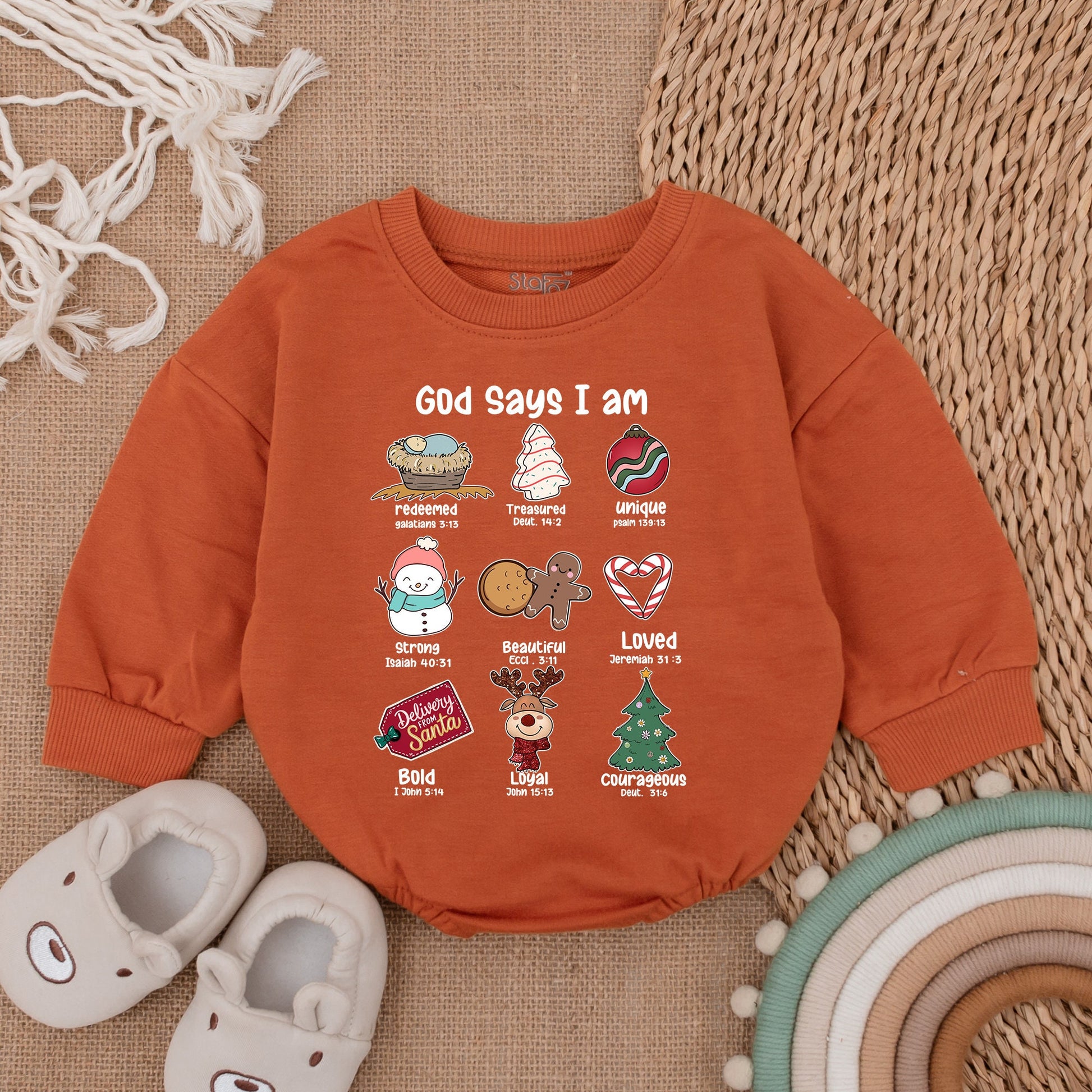 God Says I am Christmas Baby Romper Unique Loved Redeemed Courageous Baby's First Christmas Outfit Cute Cartoon Graphics Newborn Bodysuit Holiday Gift