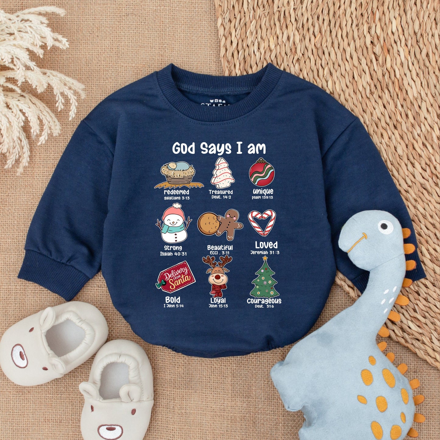 God Says I am Christmas Baby Romper Unique Loved Redeemed Courageous Baby's First Christmas Outfit Cute Cartoon Graphics Newborn Bodysuit Holiday Gift