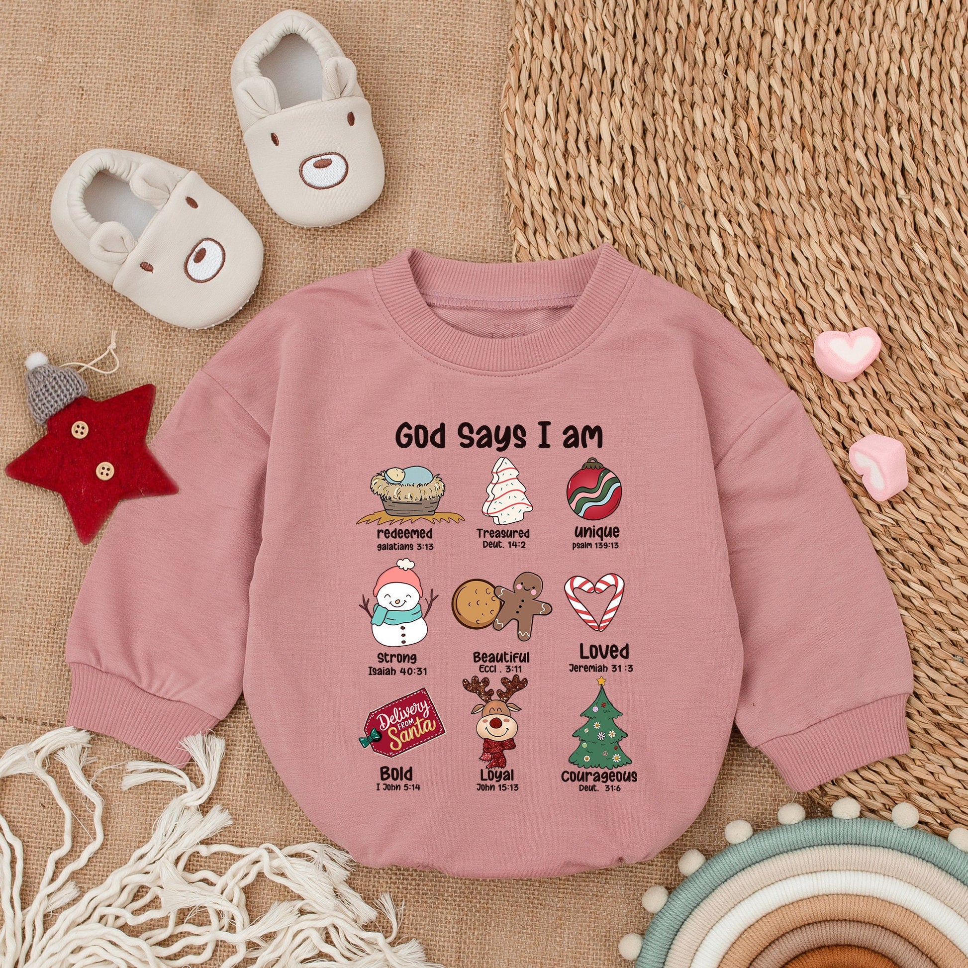 God Says I am Christmas Baby Romper Unique Loved Redeemed Courageous Baby's First Christmas Outfit Cute Cartoon Graphics Newborn Bodysuit Holiday Gift
