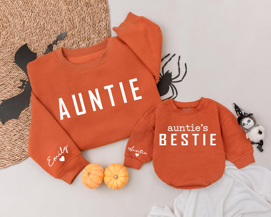 Matching Auntie & Me Sweatshirts: Personalized Auntie's Bestie Fall Outfit, Custom Name Sleeve, Thanksgiving Family Sweaters, Halloween Costume 139