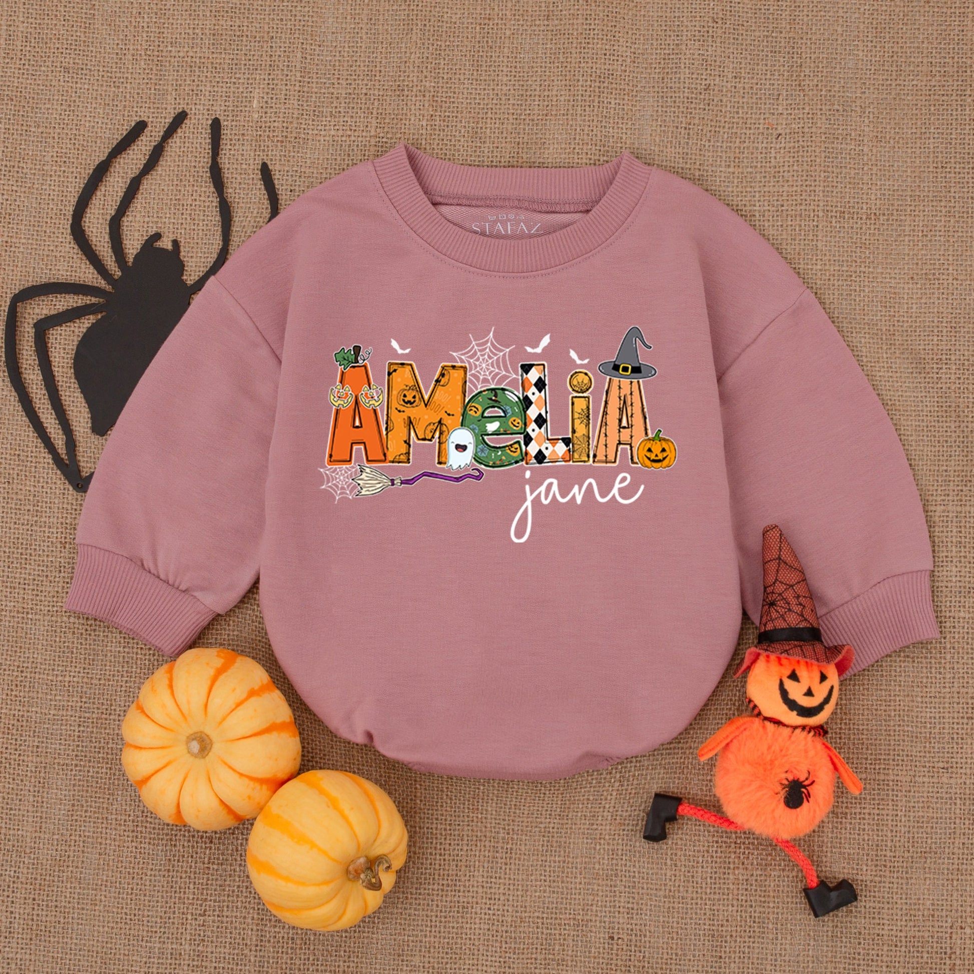 Amelia Jane Halloween Baby Outfit - Whimsical Pumpkin Romper for Baby Girl or Boy - Cute Halloween Costume Gift Idea