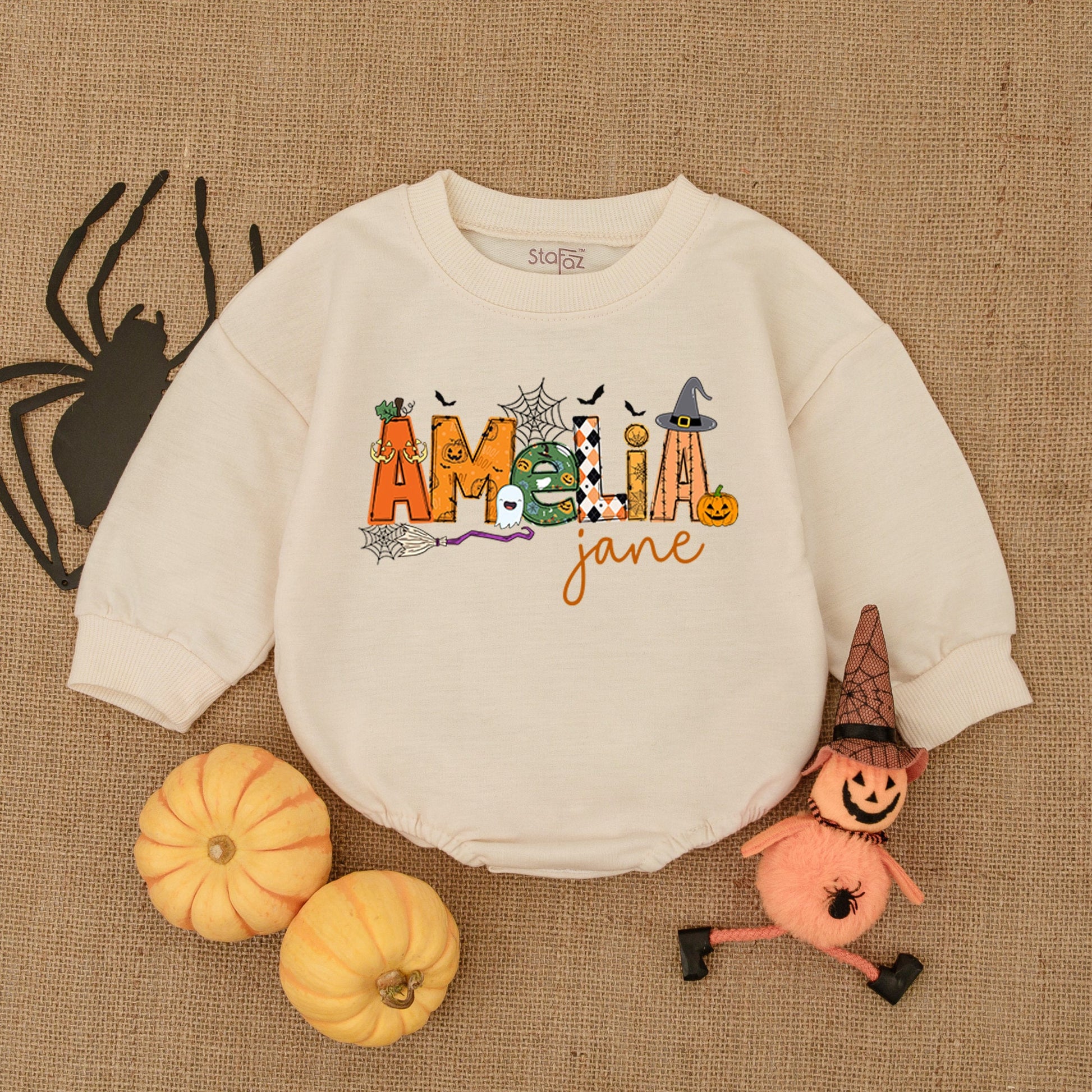 Amelia Jane Halloween Baby Outfit - Whimsical Pumpkin Romper for Baby Girl or Boy - Cute Halloween Costume Gift Idea