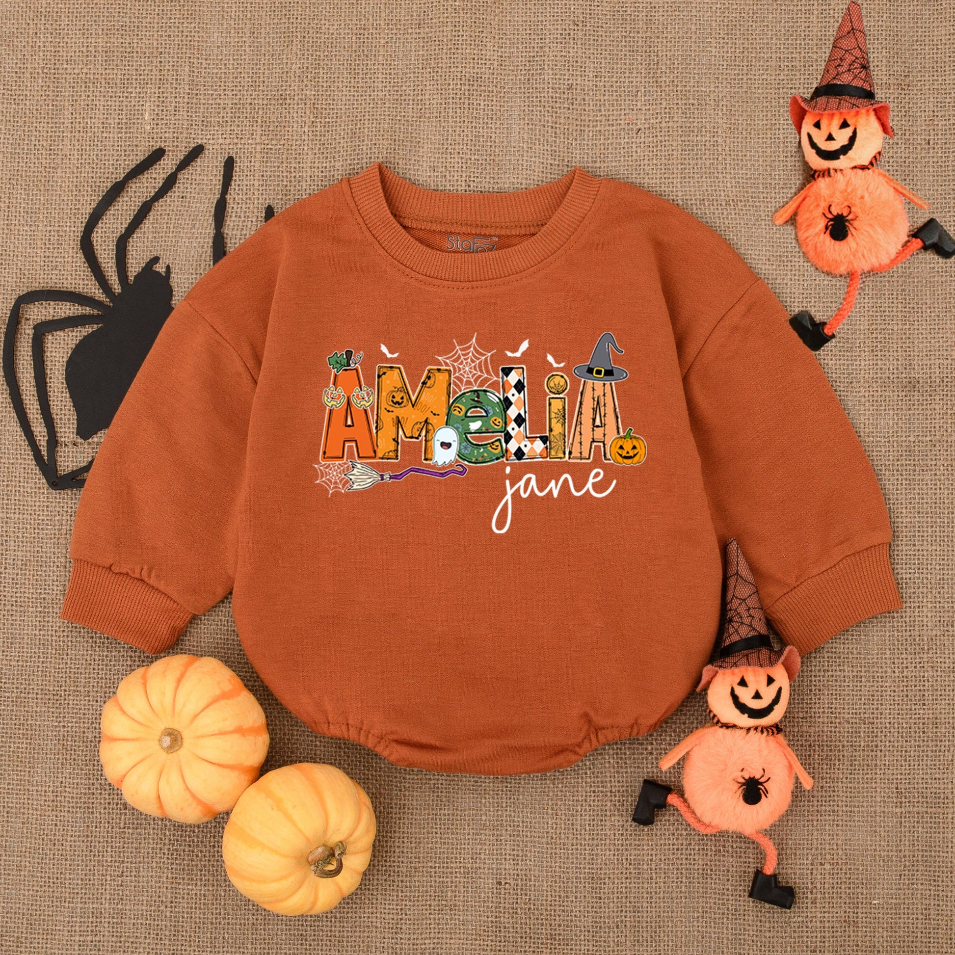 Amelia Jane Halloween Baby Outfit - Whimsical Pumpkin Romper for Baby Girl or Boy - Cute Halloween Costume Gift Idea