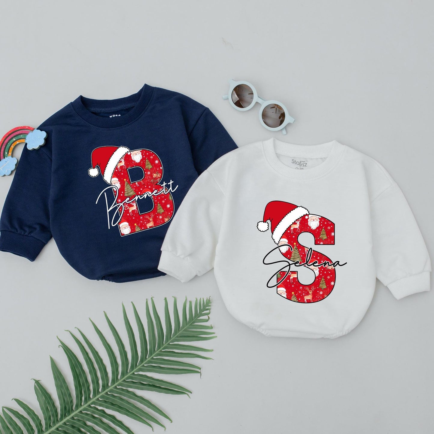 Festive "B" for Bennett Baby Romper Red Santa Hat Christmas Outfit 1st Birthday Gift Newborn Boy Girl