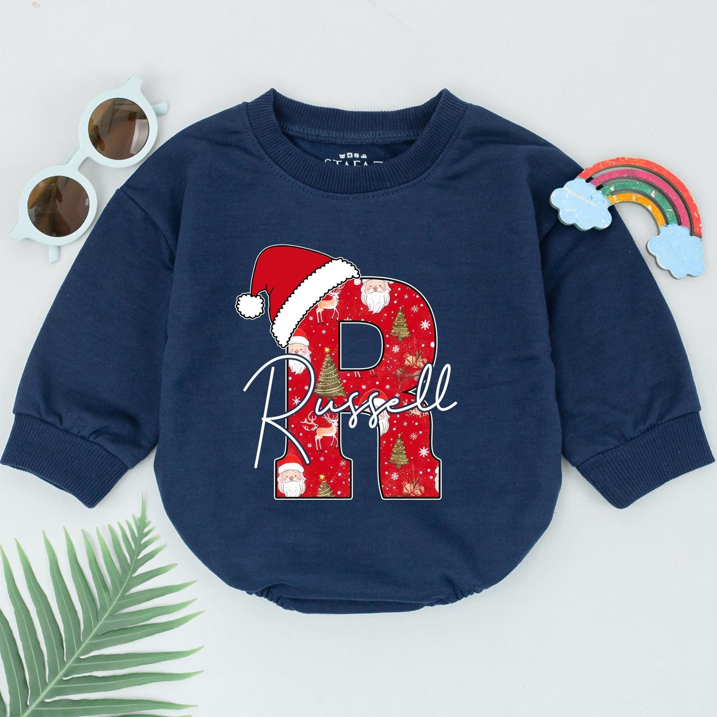 Festive "B" for Bennett Baby Romper Red Santa Hat Christmas Outfit 1st Birthday Gift Newborn Boy Girl
