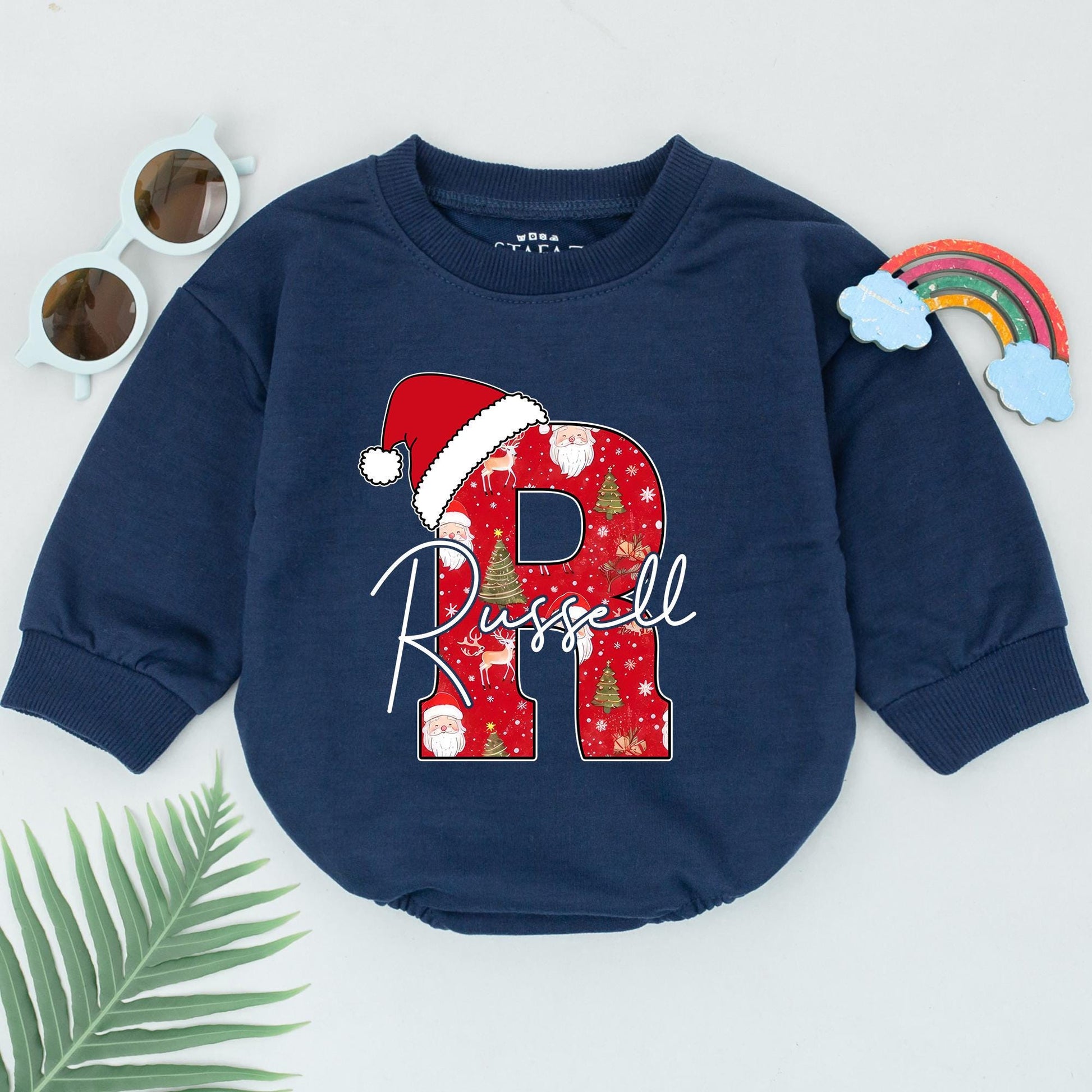 Festive "B" for Bennett Baby Romper Red Santa Hat Christmas Outfit 1st Birthday Gift Newborn Boy Girl
