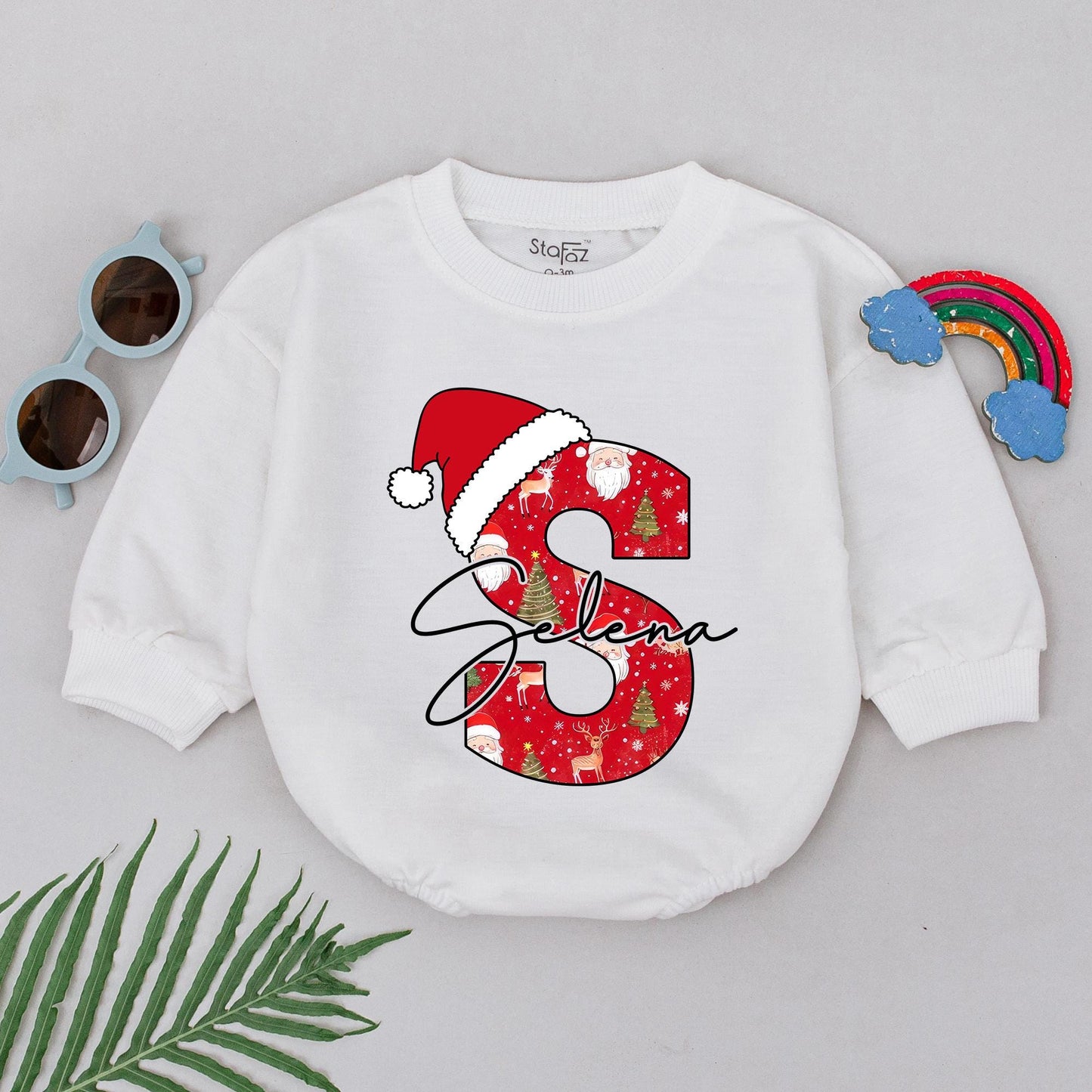 Festive "B" for Bennett Baby Romper Red Santa Hat Christmas Outfit 1st Birthday Gift Newborn Boy Girl