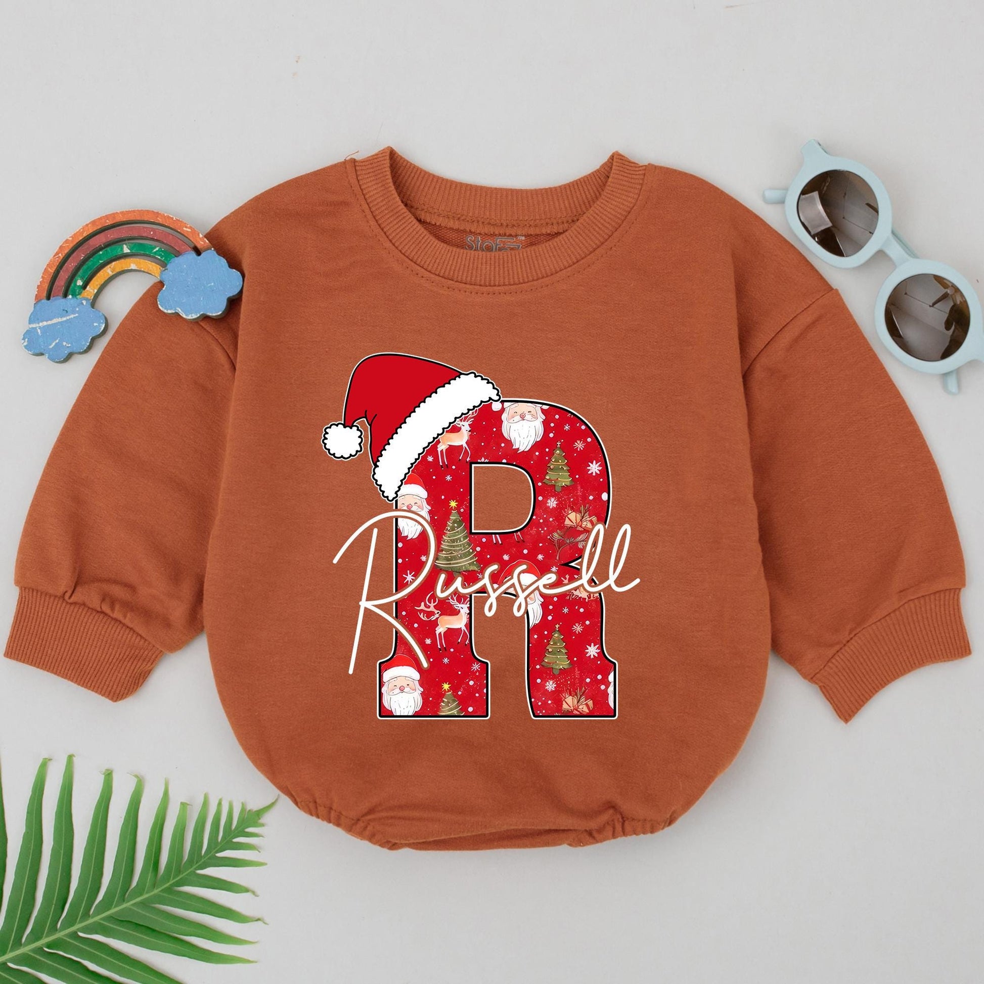 Festive "B" for Bennett Baby Romper Red Santa Hat Christmas Outfit 1st Birthday Gift Newborn Boy Girl
