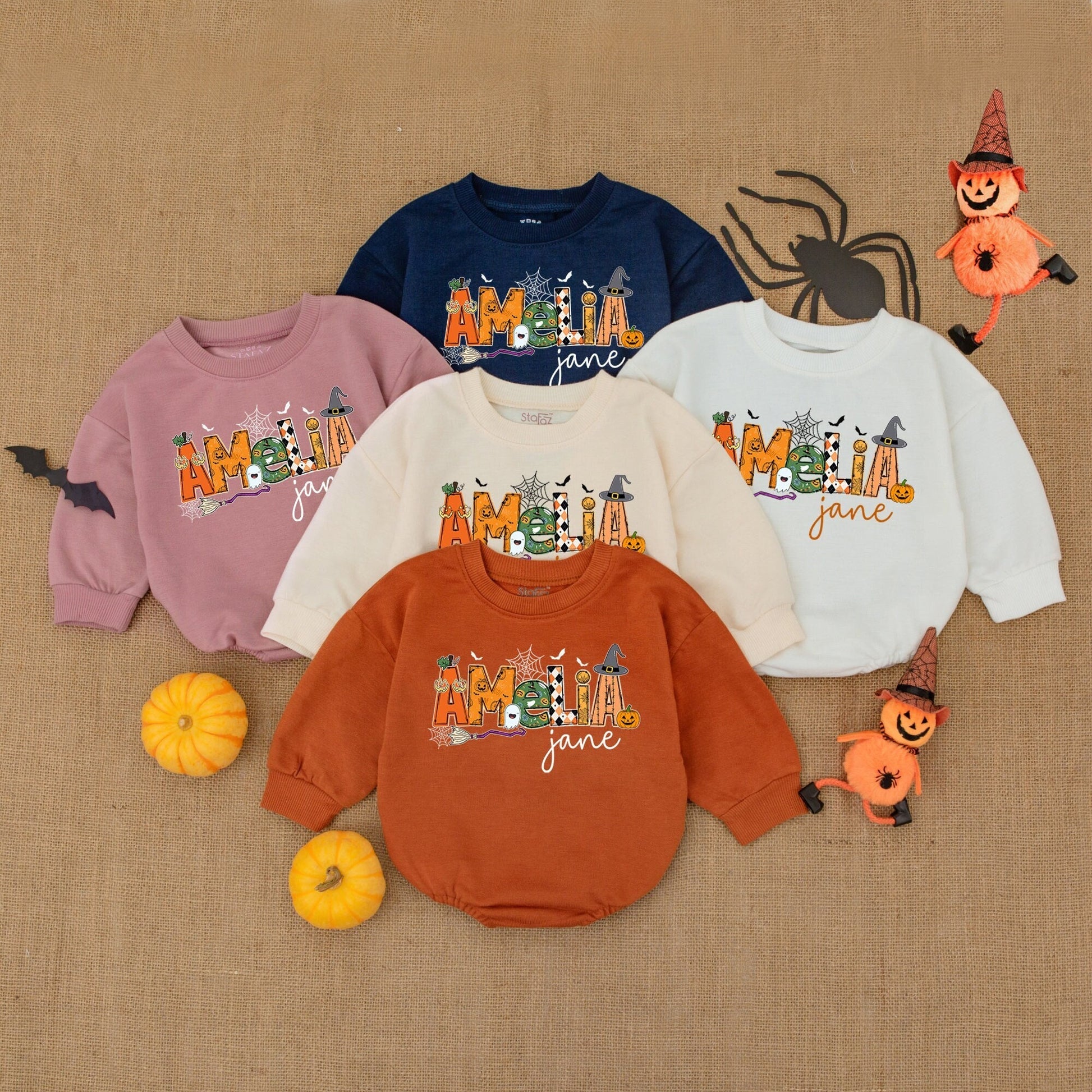 Amelia Jane Halloween Baby Outfit - Whimsical Pumpkin Romper for Baby Girl or Boy - Cute Halloween Costume Gift Idea