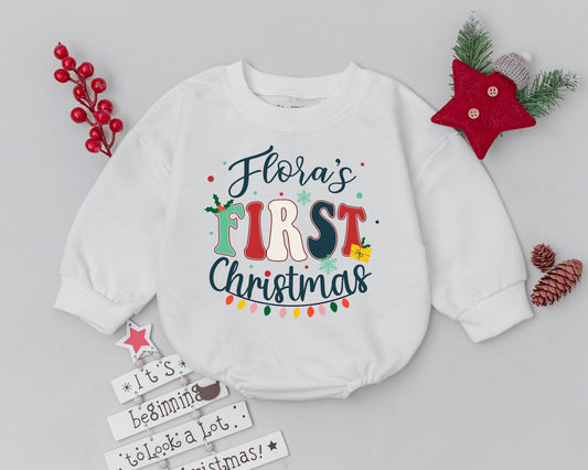 Flora's First Christmas Romper Playful Retro Holiday Outfit Newborn Bodysuit Vintage Inspired Christmas Lights Baby Shower Gift