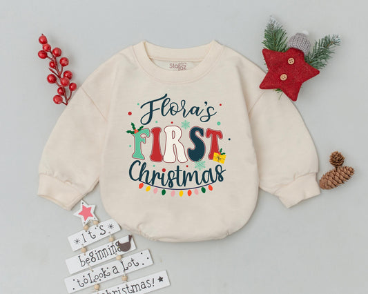 Flora's First Christmas Romper Playful Retro Holiday Outfit Newborn Bodysuit Vintage Inspired Christmas Lights Baby Shower Gift