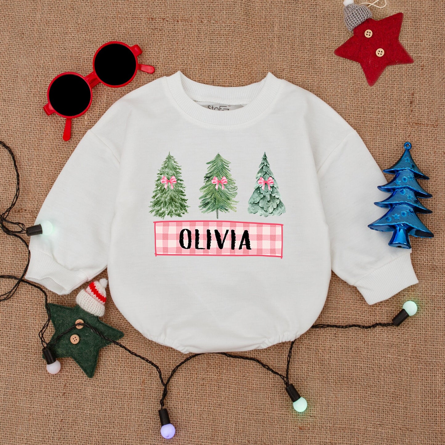 Cute Christmas Trees Romper Baby Outfit Personalized Name Pink Bow Gingham Banner Toddler First Christmas Clothes Cozy Holiday Gift