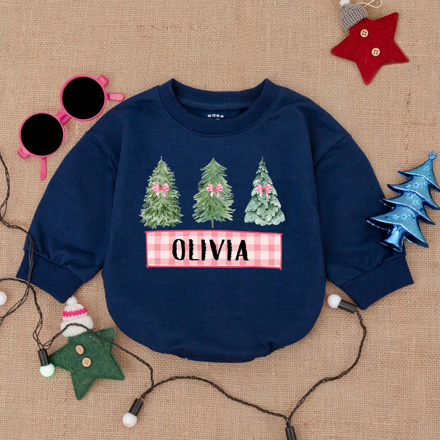 Cute Christmas Trees Romper Baby Outfit Personalized Name Pink Bow Gingham Banner Toddler First Christmas Clothes Cozy Holiday Gift