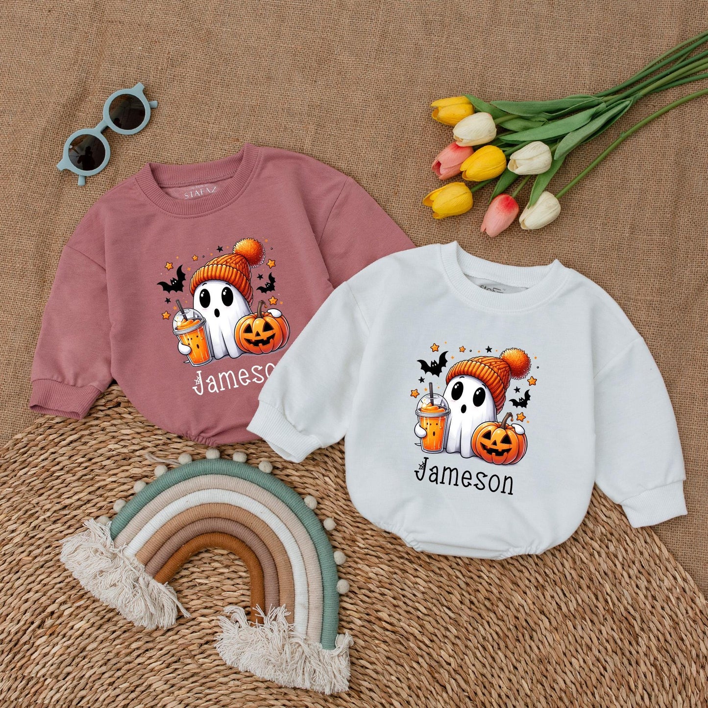 Custom Jameson Ghost Baby Romper Halloween Costume Infant Boy Girl Fall Outfit Cute Jack-o-Lantern & Bats Baby Clothes