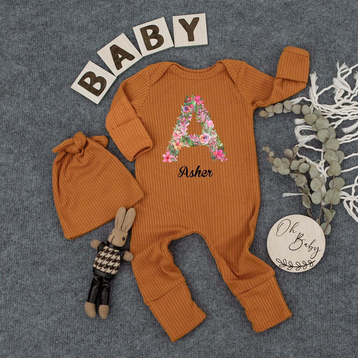 Clara Floral Wreath Personalized Baby Bodysuit & Hat Set, Police Car Outfit, Newborn Girl Clothes, Custom Name Gift, Sweet Infant Coming Home Outfit 138