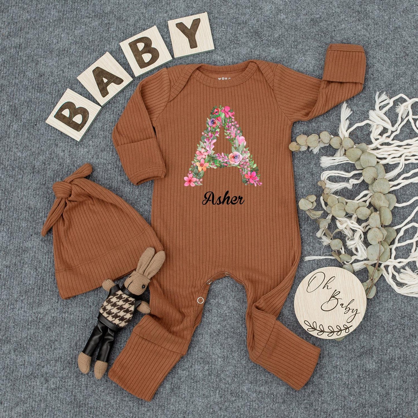 Clara Floral Wreath Personalized Baby Bodysuit & Hat Set, Police Car Outfit, Newborn Girl Clothes, Custom Name Gift, Sweet Infant Coming Home Outfit 138