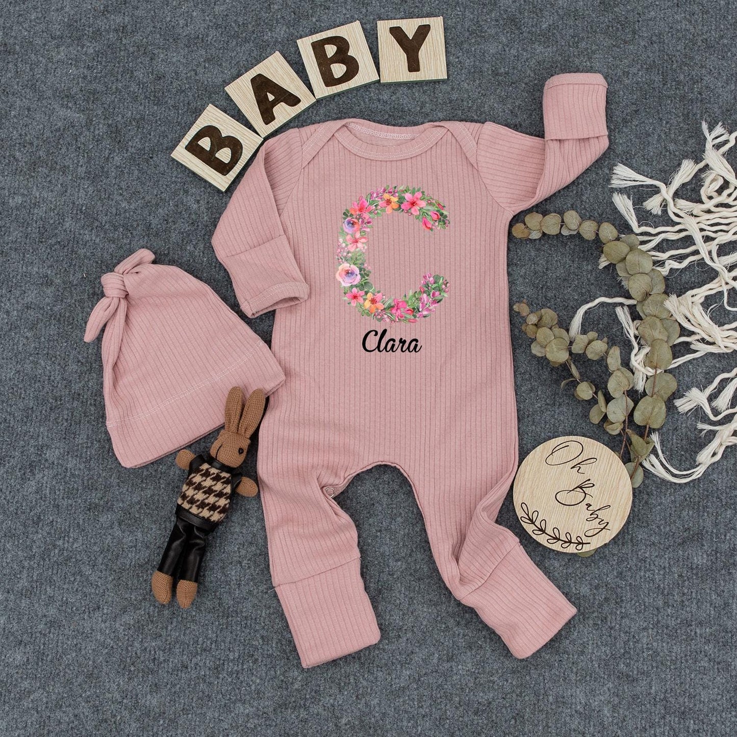 Clara Floral Wreath Personalized Baby Bodysuit & Hat Set, Police Car Outfit, Newborn Girl Clothes, Custom Name Gift, Sweet Infant Coming Home Outfit 138