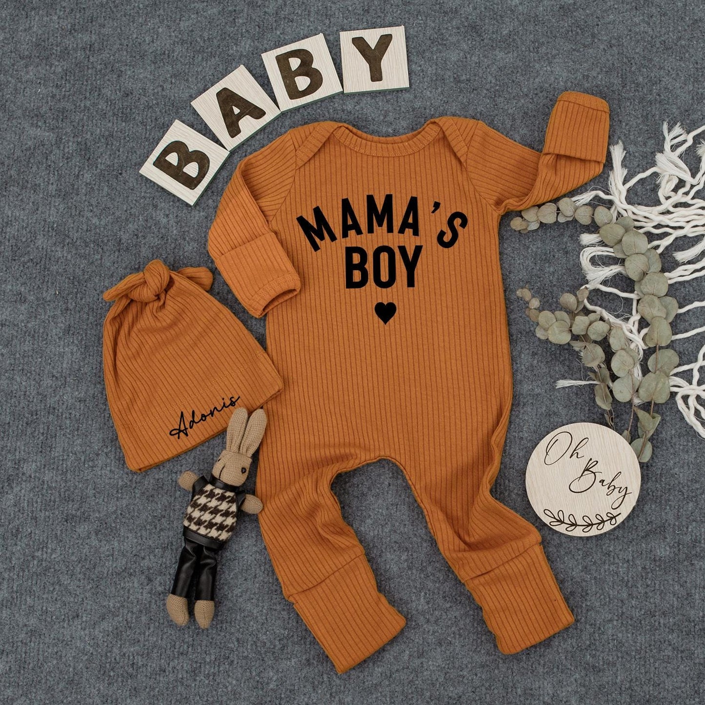 Mama's Boy Newborn Outfit Custom Name Hat Set, Modern Infant Bodysuit, Sweet Baby Shower Gift, Personalized Boy Clothes, Pregnancy Announcement 138