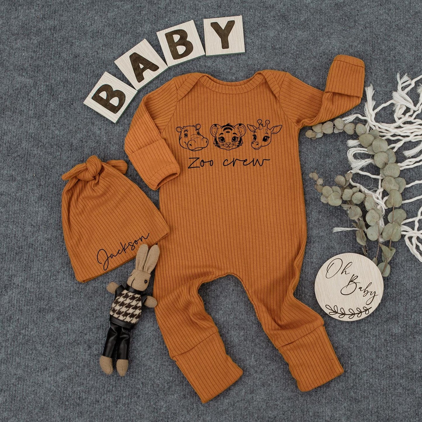 Custom Infant Baby Bodysuit & Hat with Cute Zoo Crew Animal Design featuring Hippo Tiger Giraffe, perfect Newborn Girl Boy Baby Shower Gift