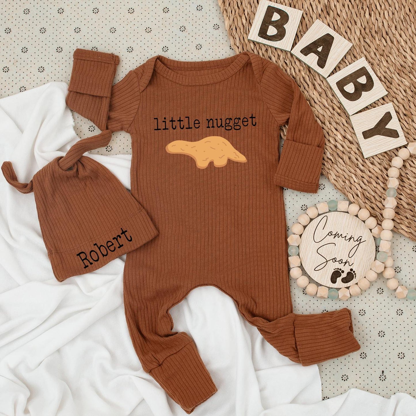 Little Nugget Dinosaur Baby Bodysuit & Hat Set, Personalized Robert Newborn Outfit, Baby Boy or Girl Sleepsuit, Custom Baby Shower Gift