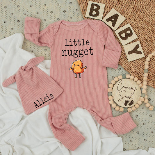 Little Nugget Personalized Baby Bodysuit & Hat Set, Custom Name Alicia Chicken Newborn Outfit, Cute Shower Gift, Comfy Cotton Bodysuit, Long Sleeve 139