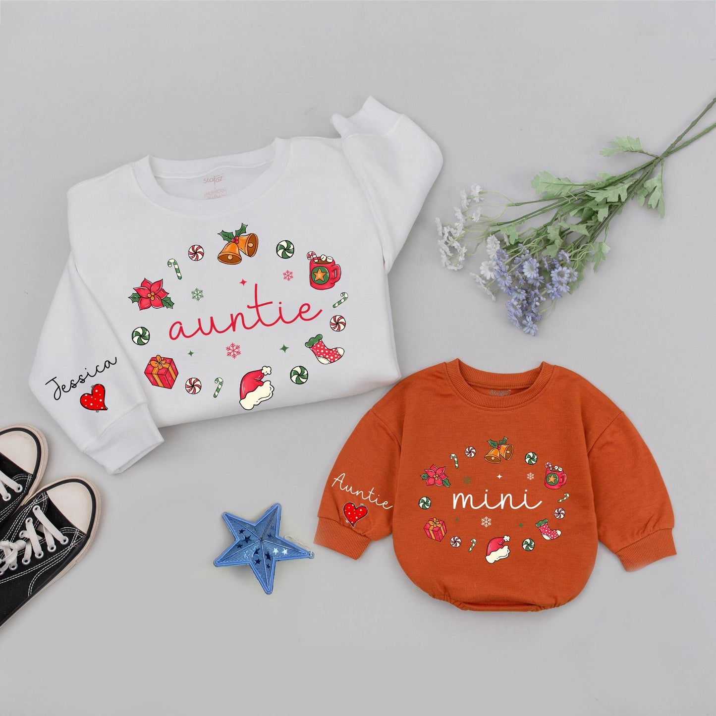 Personalized Auntie and Mini Christmas Sweatshirt Festive Holiday Gift with Poinsettias Bells Snowflakes and Santa Hats